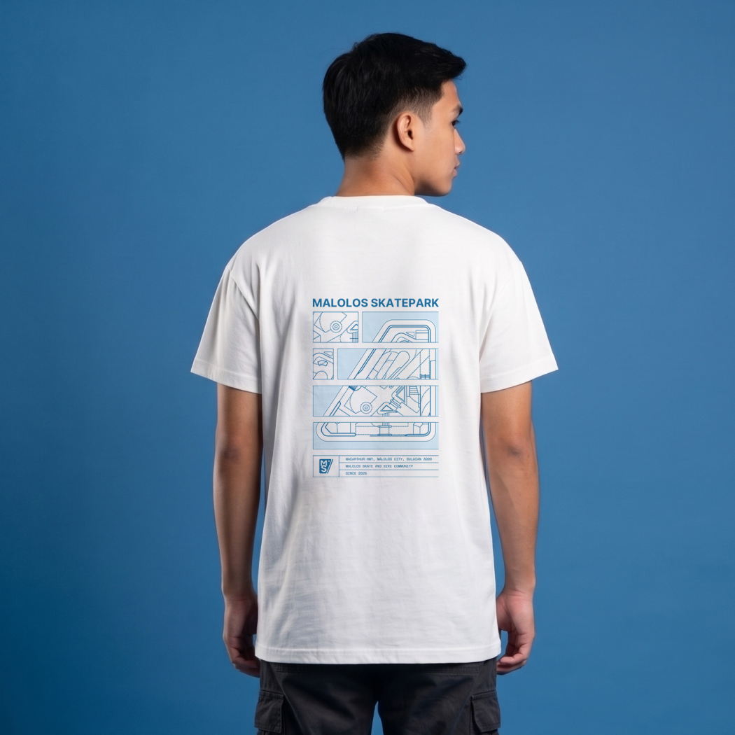 Malolos Skatepark 1st Anniversary Shirt — back view with blueprint print